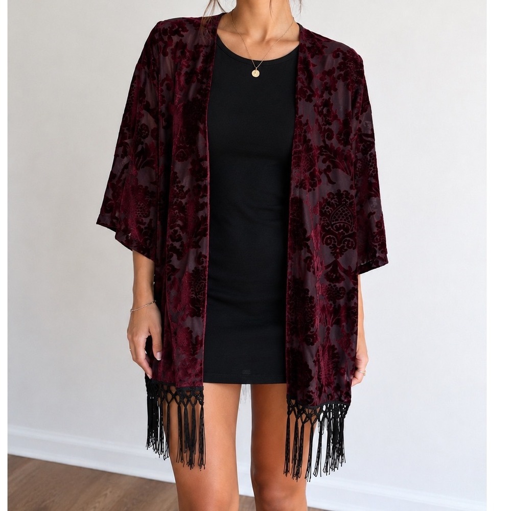 Guess Los Angeles Velvet Burnout Kimono Burgundy Fringe Cardigan XS/S witchy